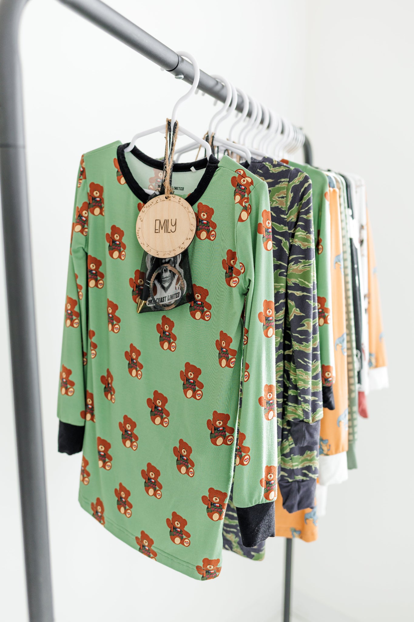 All pajamas hanging on a rack