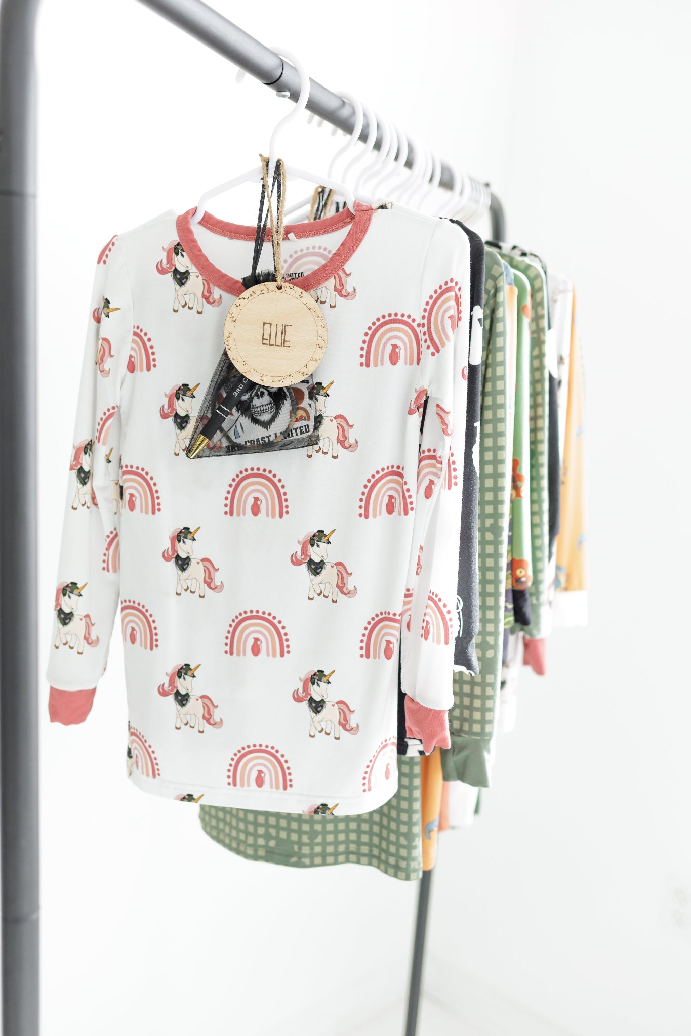 All pajamas hanging on a rack