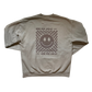 Beige sweatshirt with a smiley face design and text on the back against a white background