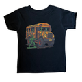 Black t-shirt with a graphic of a school bus and soldiers on a white background