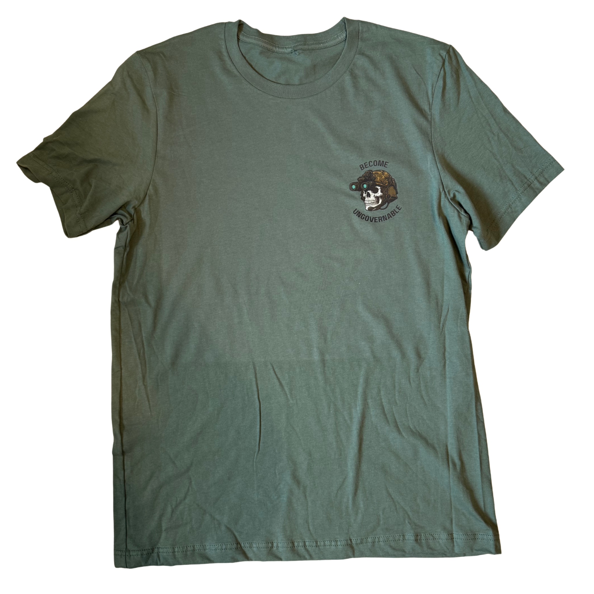 Green t-shirt with a logo on a white background