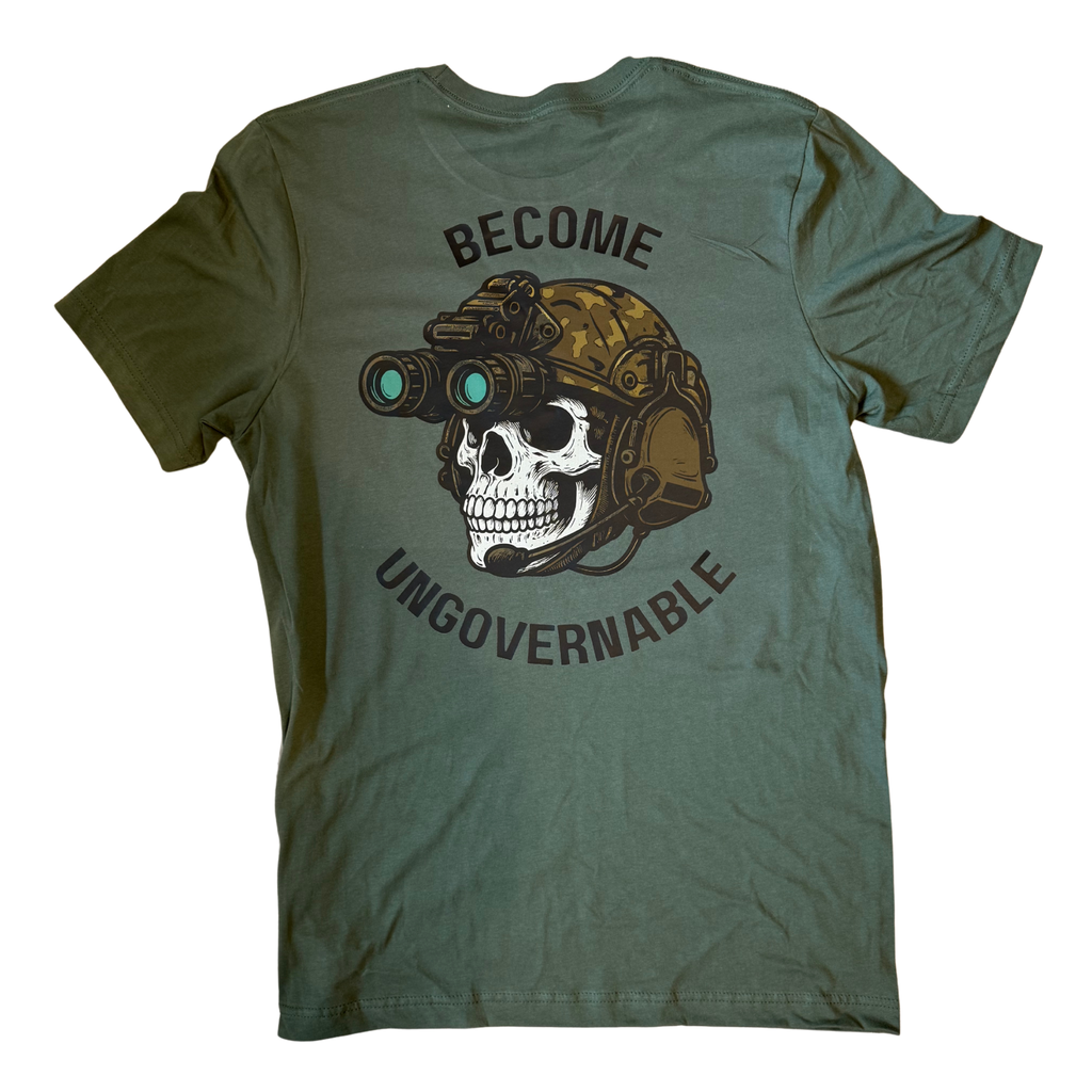 Green t-shirt with skull and helmet graphic and text 'Become Ungovernable' on a white background