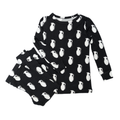 Black pajama set with white pug prints on a white background