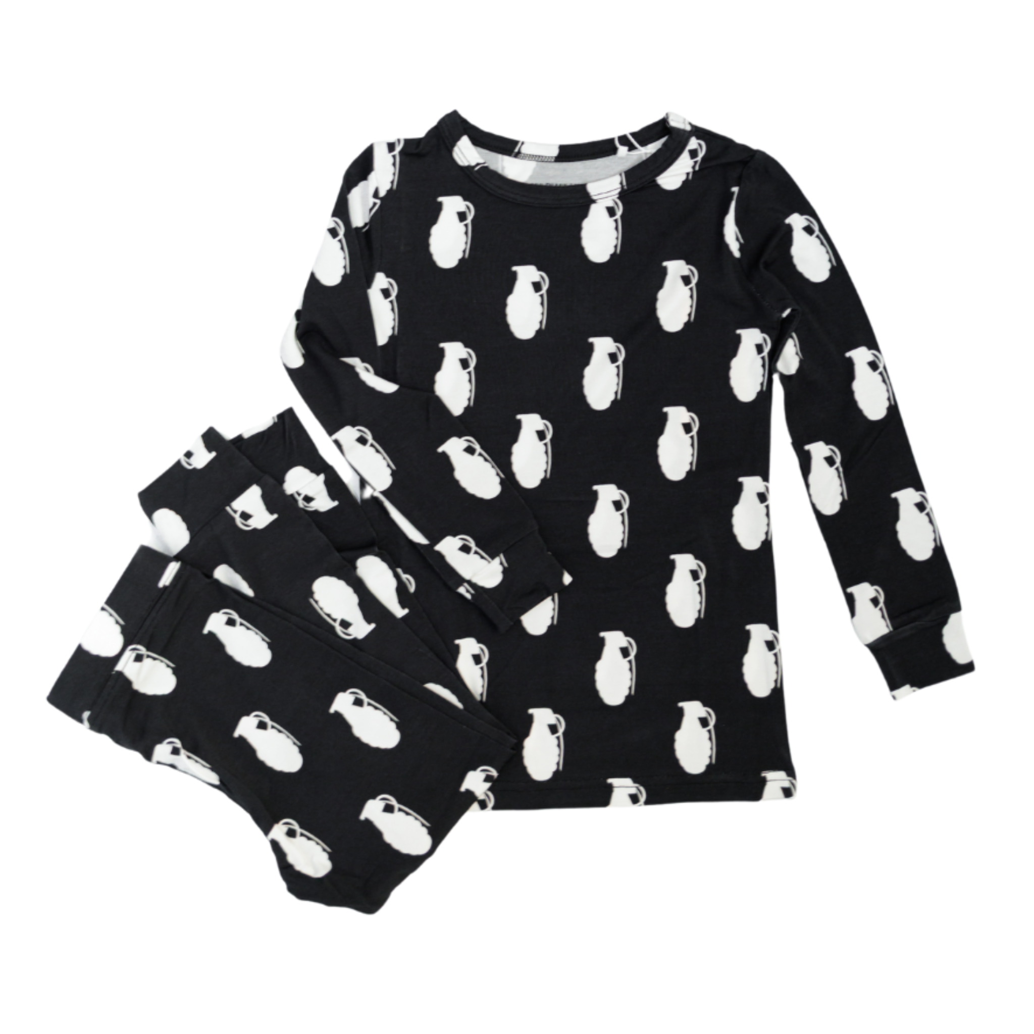 Black pajama set with white pug prints on a white background