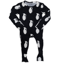 Black onesie with white animal print on a white background
