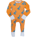 Orange baby onesie with blue dinosaur pattern on a white background