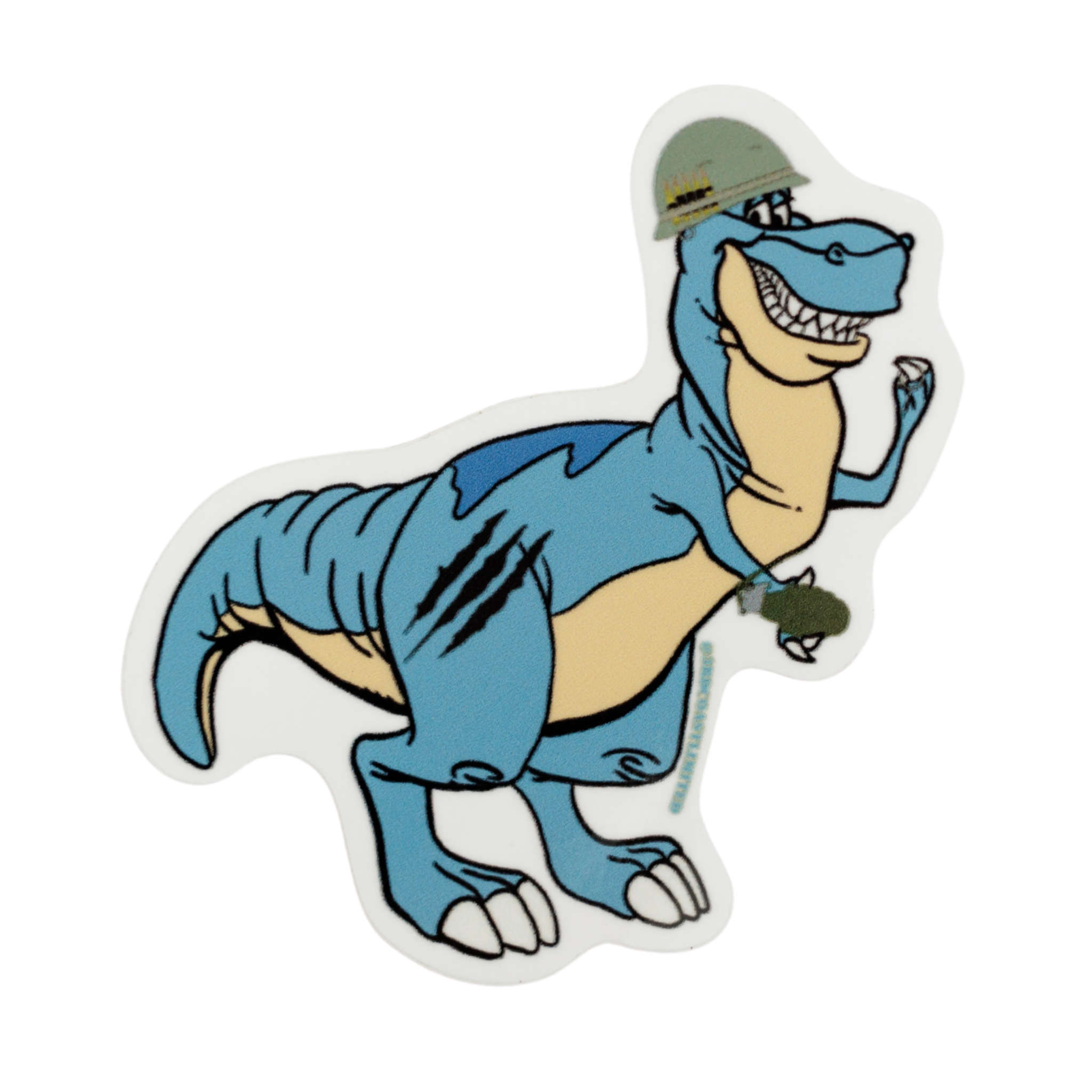 Cartoon dinosaur wearing a hat and overalls on a white background