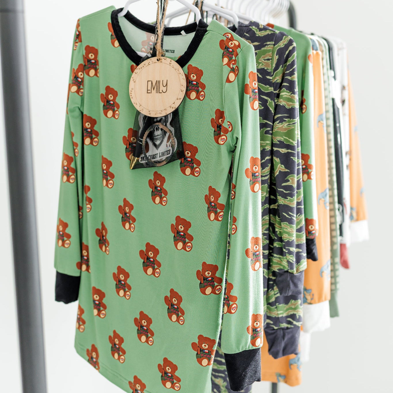 All pajamas hanging on a rack