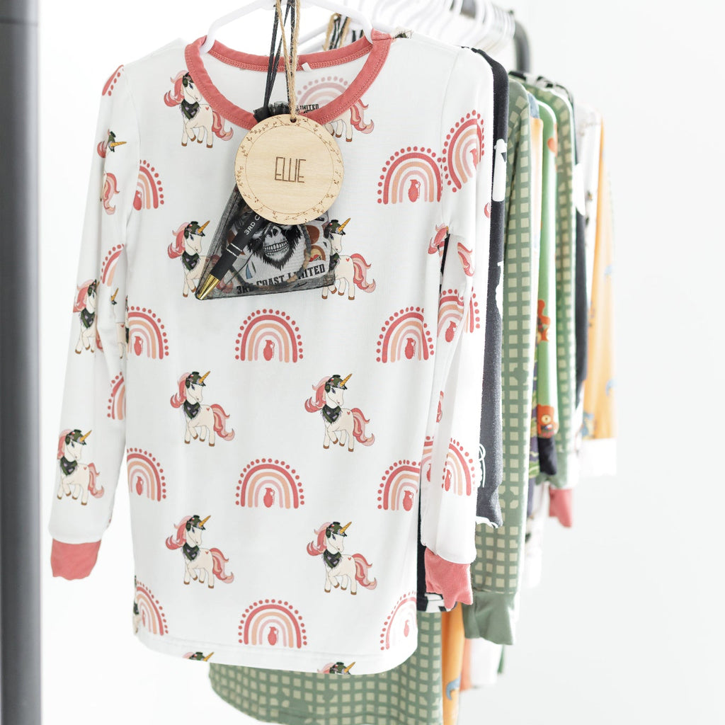 All pajamas hanging on a rack