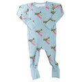 Light blue baby onesie with airplane pattern on a white background