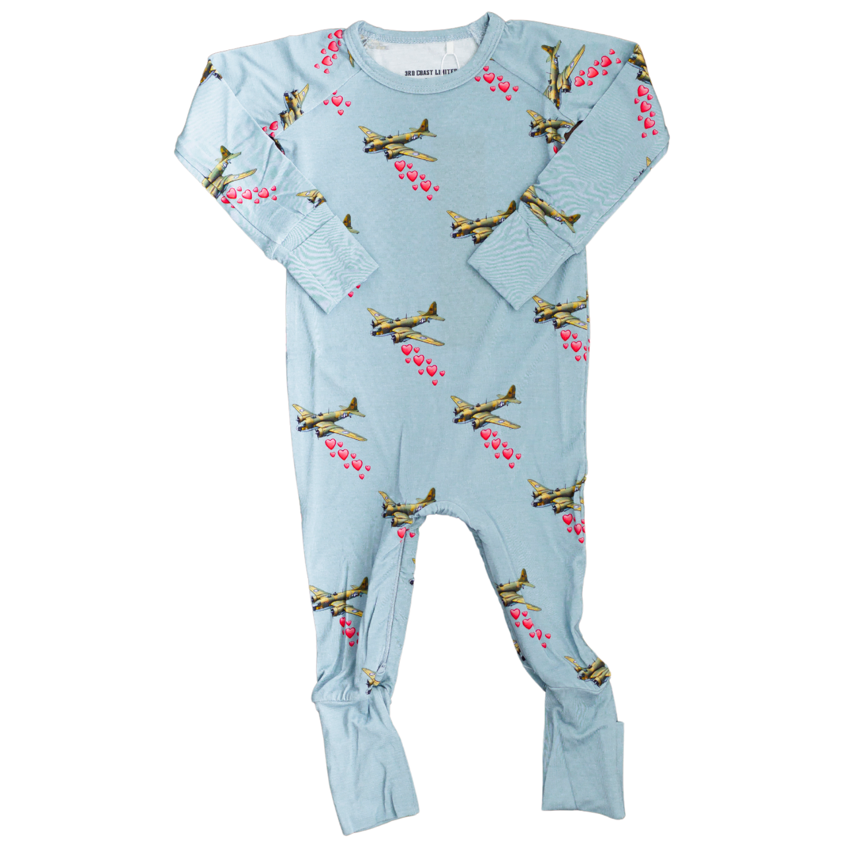 Light blue baby onesie with airplane pattern on a white background