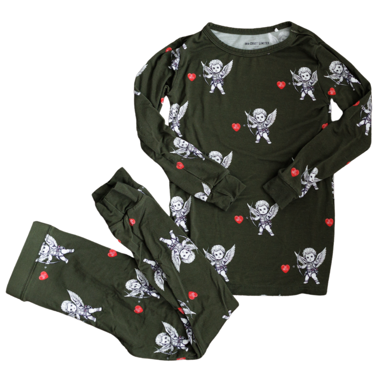 Children's pajama set with angel pattern on a white background