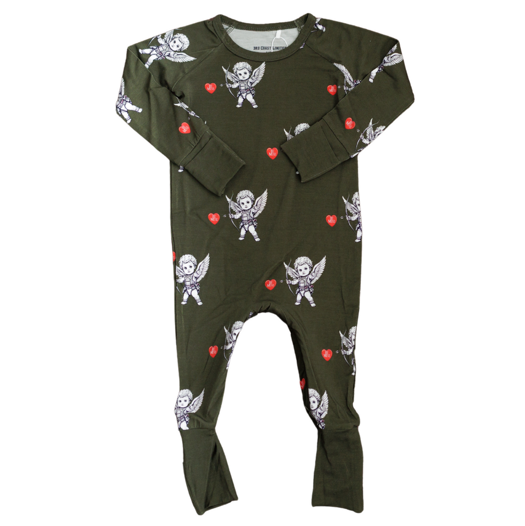 Green baby onesie with fairy and heart pattern on a white background