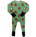 Green baby onesie with teddy bear pattern on a white background