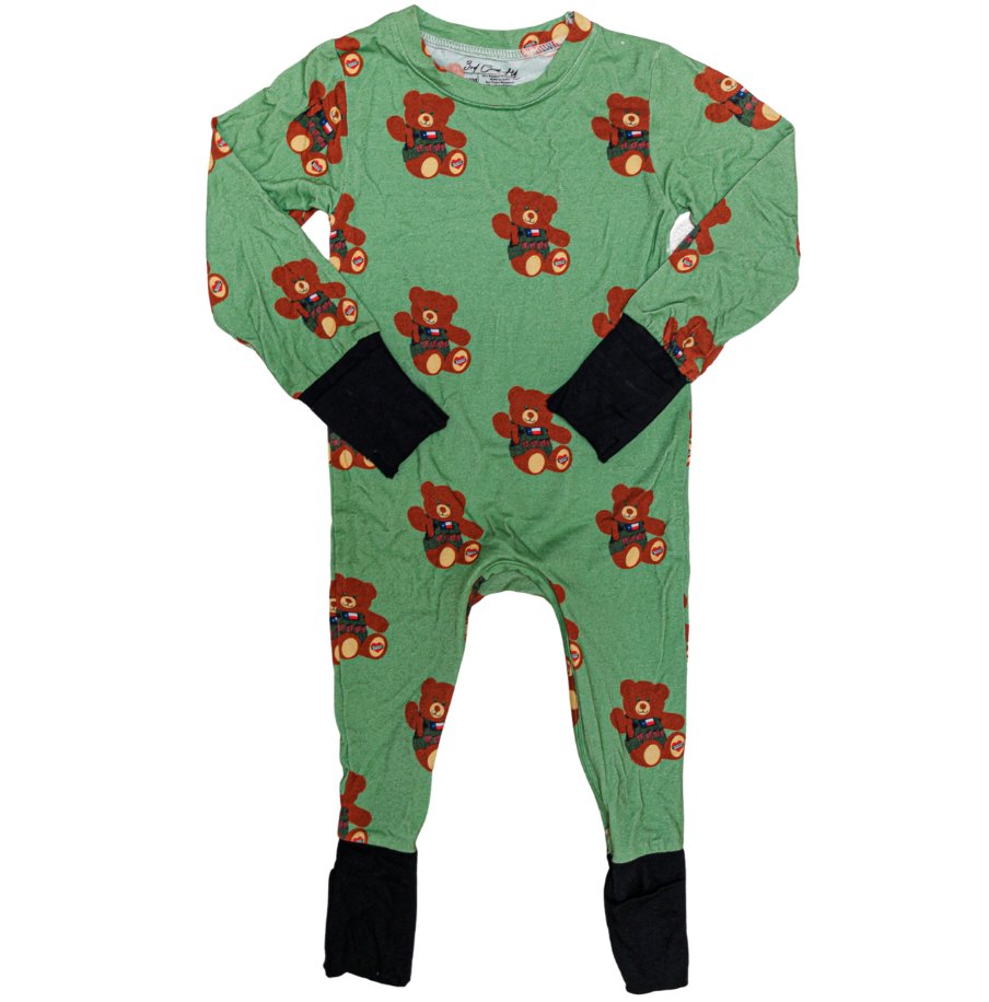Green baby onesie with teddy bear pattern on a white background