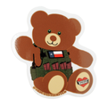 Sticker of a teddy bear with tactical vest and 'Mom' tattoo on a white background