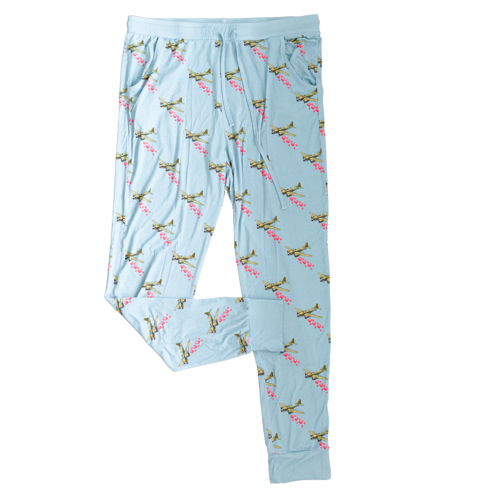 Light blue pajama pants with airplane pattern on a white background