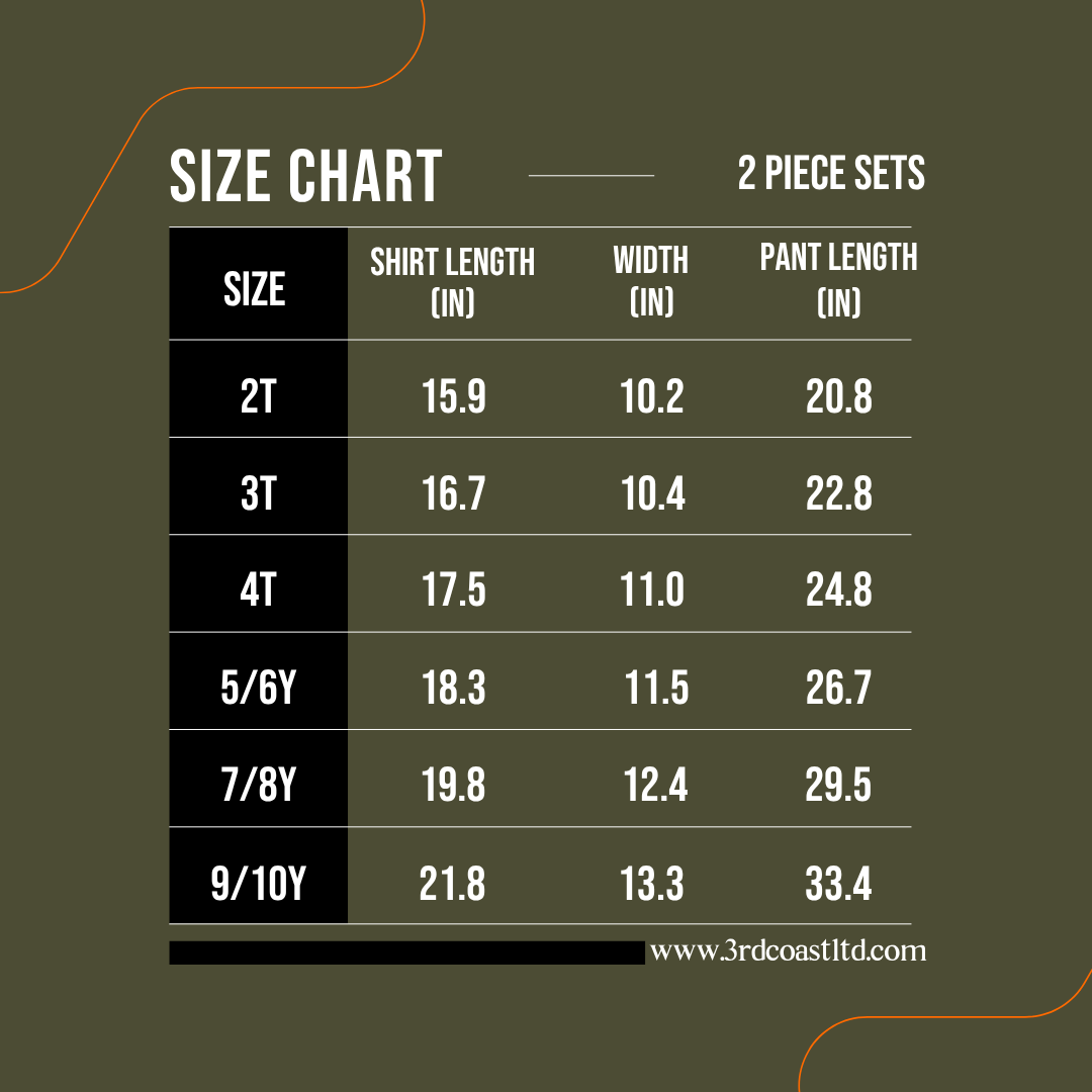 Size chart for 2-piece sets with shirt, width, and pant dimensions on a green background.