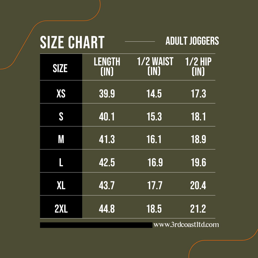 Size chart for adult joggers with dimensions in inches on a green background.