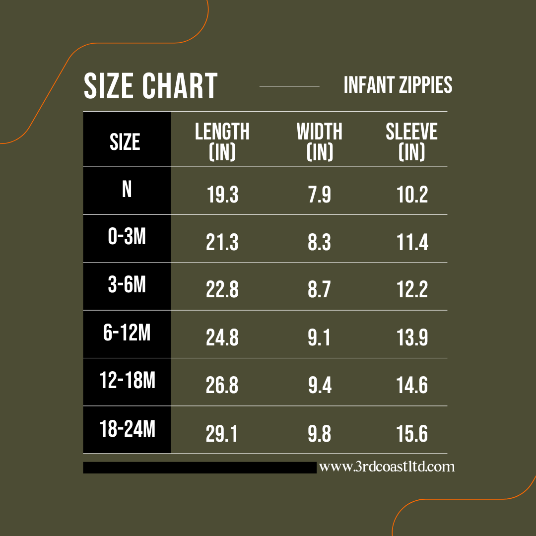 Size chart for infant zippies with dimensions in inches on a green background.