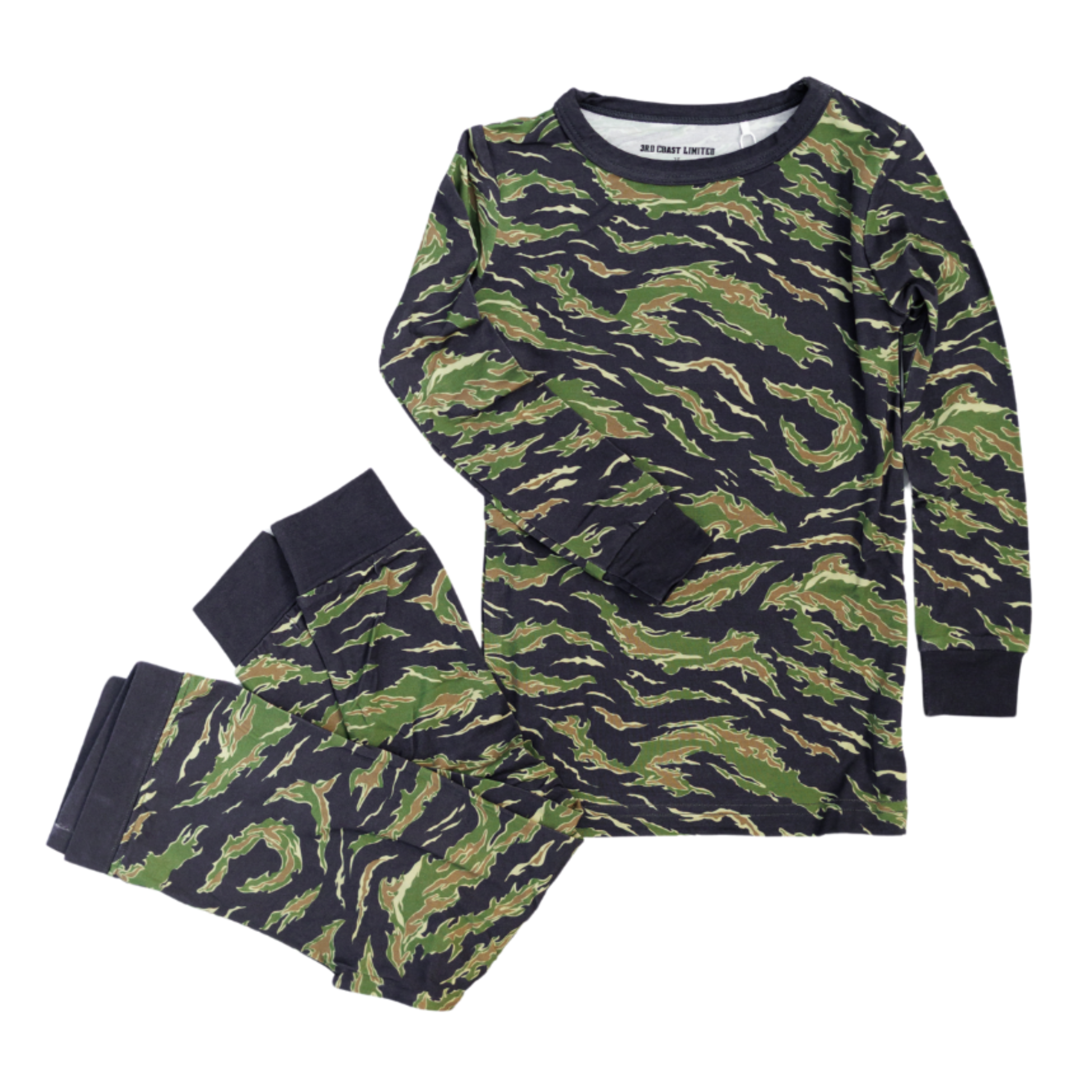Camouflage pajama set with long-sleeve top and pants on a white background