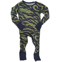 Camouflage-patterned onesie with navy accents on a white background