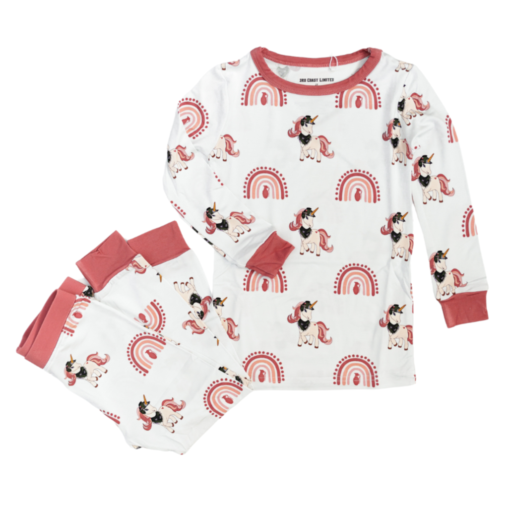 Children's pajama set with unicorn and rainbow pattern on a white background