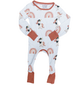 Baby onesie with animal and rainbow pattern on a white background