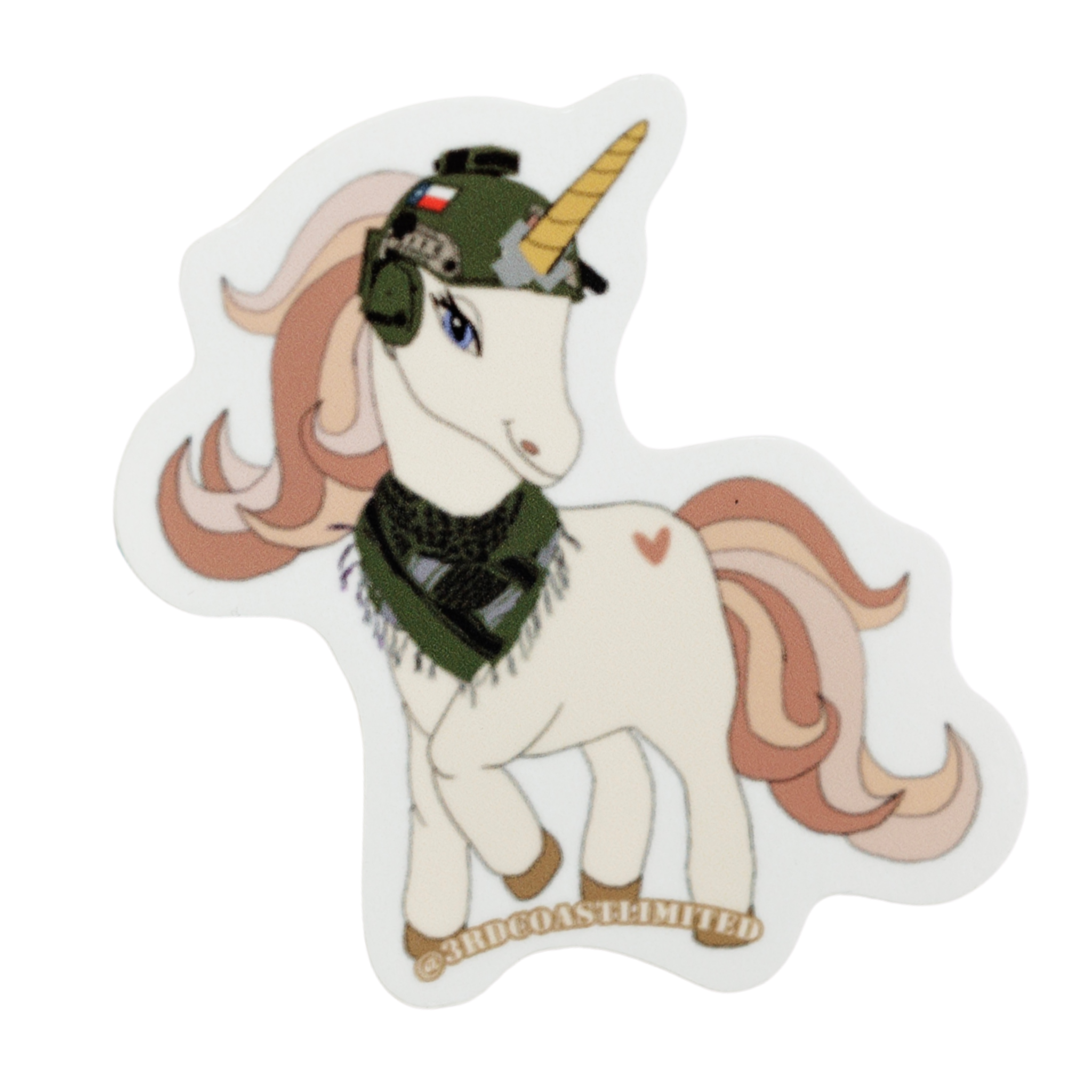 Unicorn with military helmet and scarf on a white background